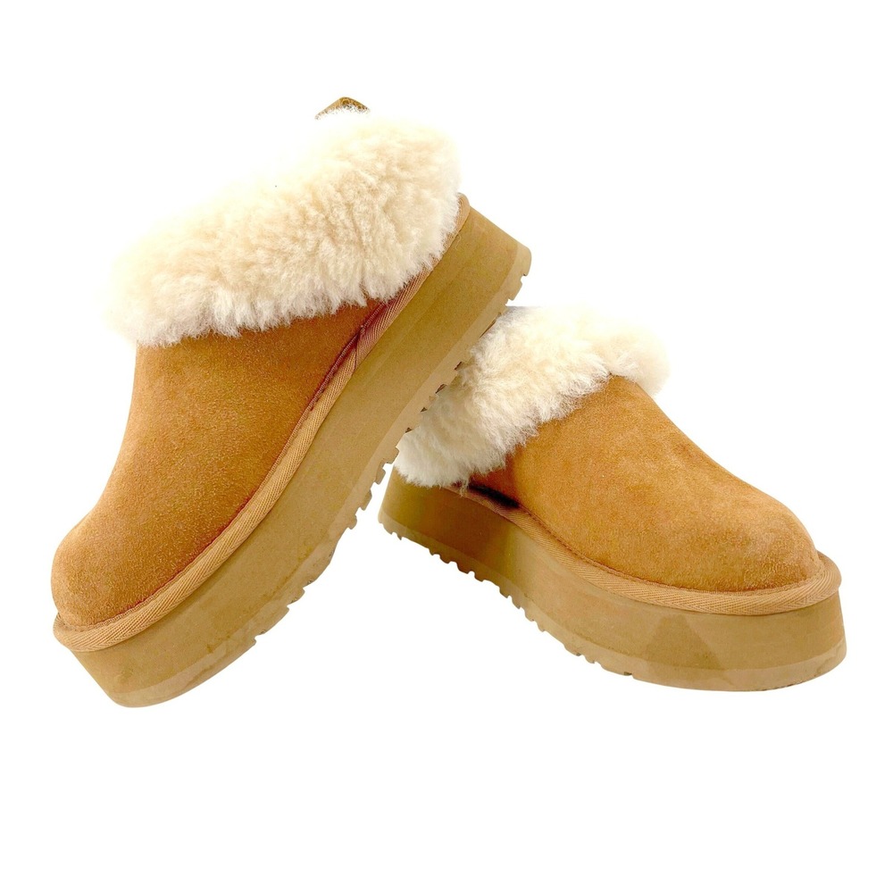 UGG Tazzelle Platform Suede Slippers Women 6 Chestnut Fur Collar Sheepskin Cozy